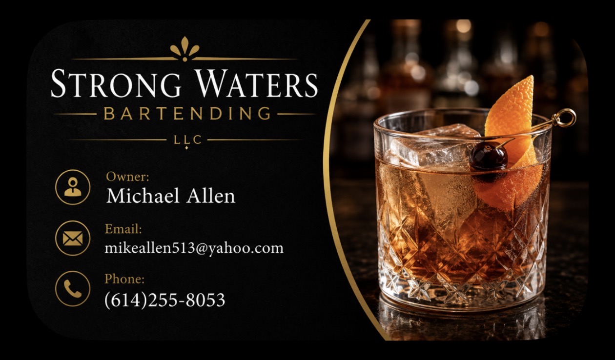 Strong Waters Bartending contact card with cocktail